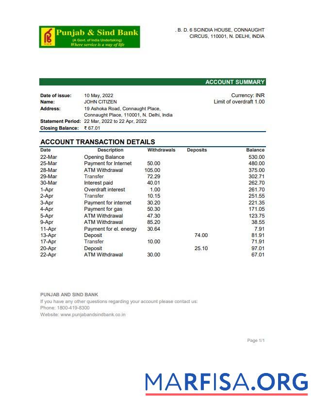 Realistic India Punjab and Sind bank statement excel download for verification